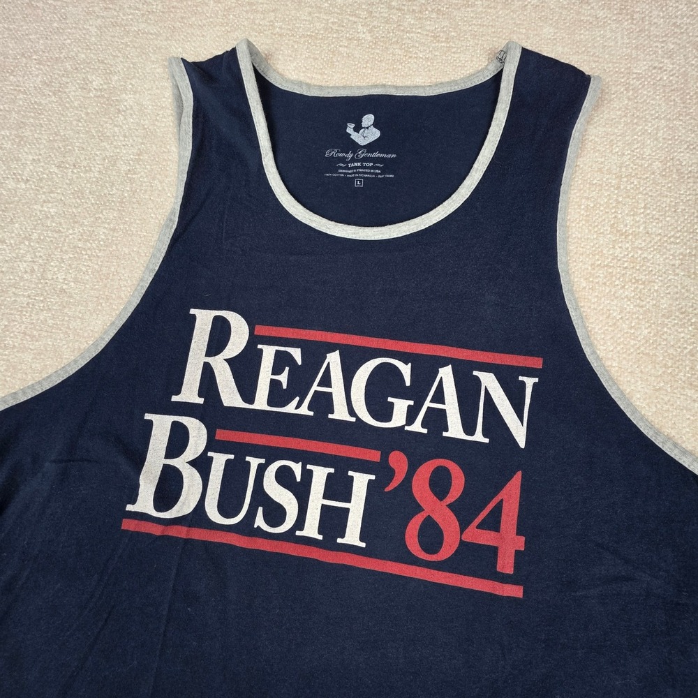 Rowdy Gentleman Reagan Bush 84 Navy Blue Graphic Tank Top Mens Large Ringer